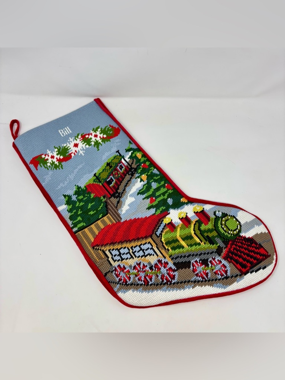 LL Bean Needlepoint Personalized Christmas Stocking BILL Trains Trees Snowflakes